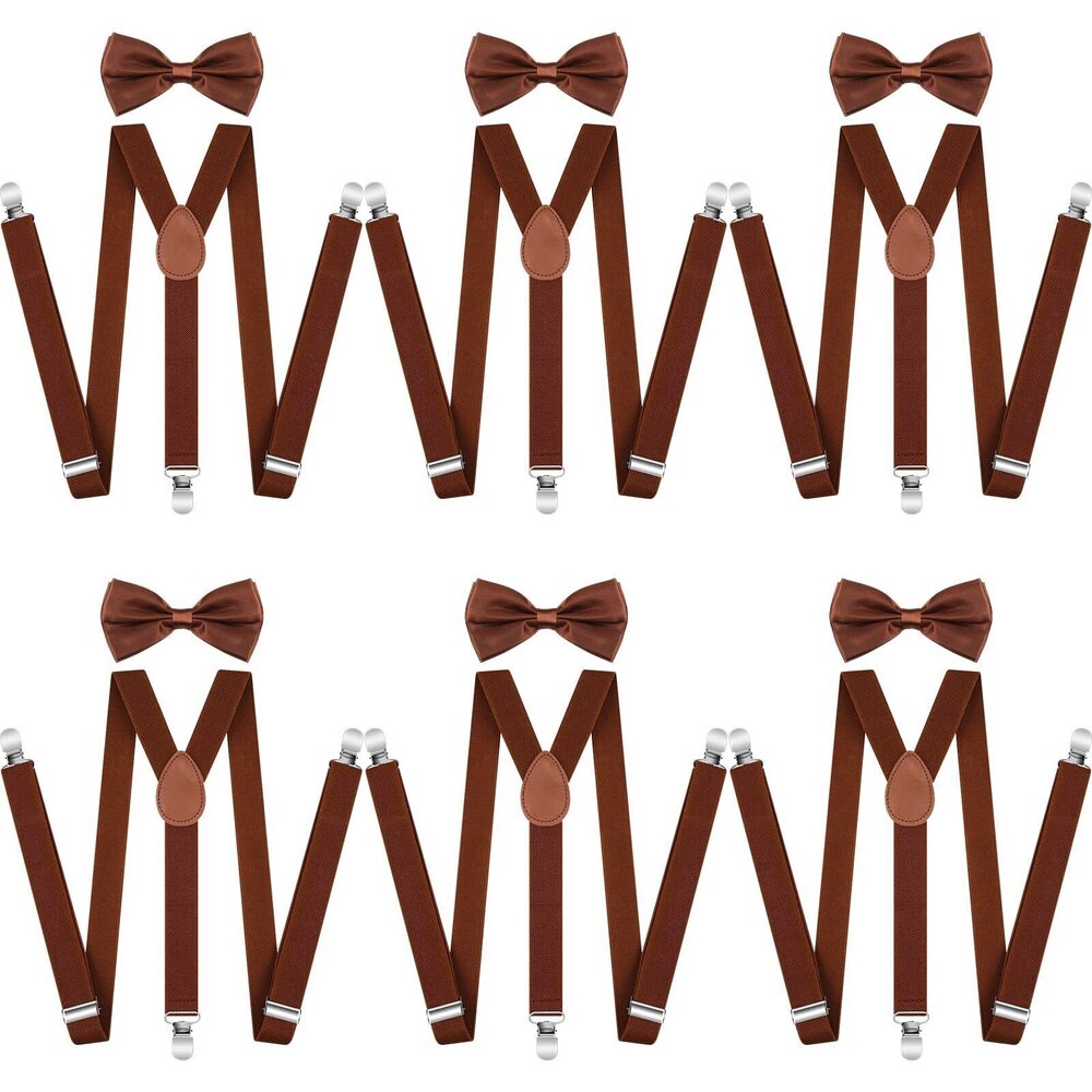 6865 12 Pieces Suspender and Bow Tie Set Bulk Brown Suspenders Elastic Y